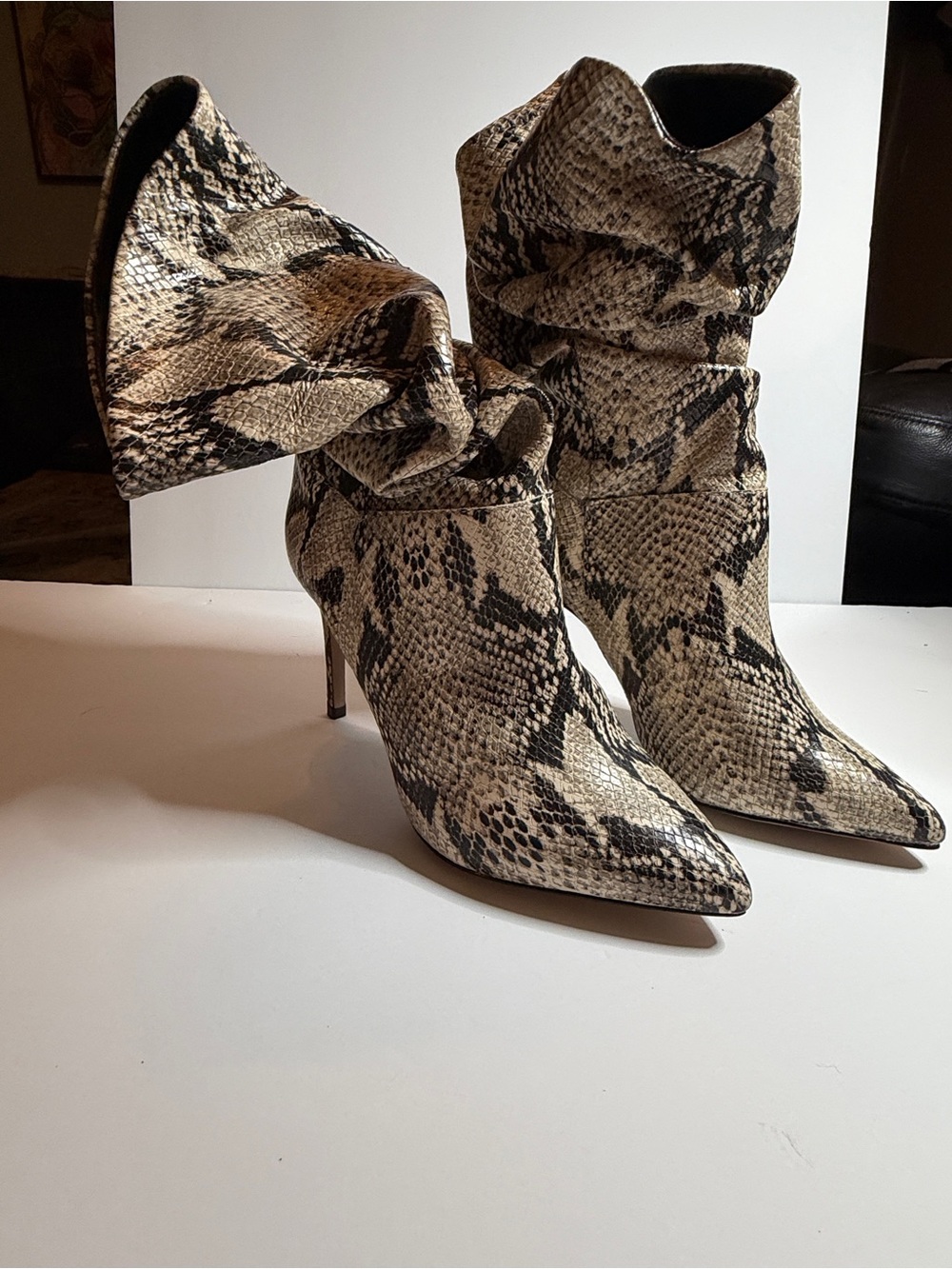 SCHUTZ Beige and Black Snake-Print Pointed Toe Stiletto Ankle Boots